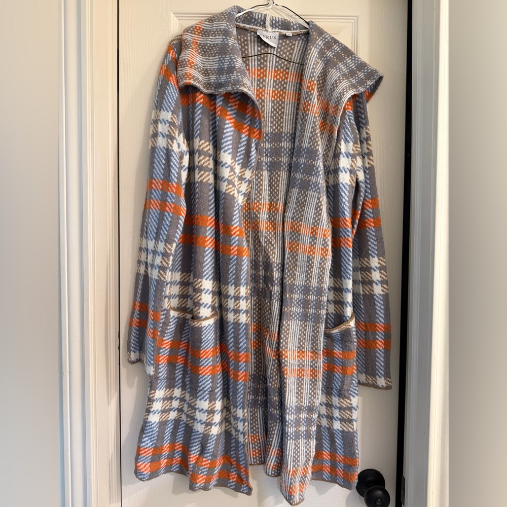 Cyrus Plaid Cardigan in Tan, Orange, Blue & White